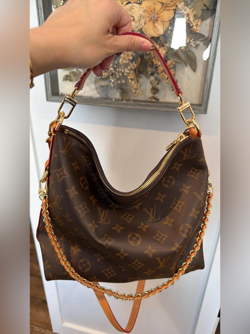 Source Unknown Brown Monogram Shoulder Bag. Pearl chain not included